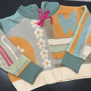 NATURAL LIFE Pastel Patchwork Cowl Sweater - Teal, Mustard, Cream, Pink
